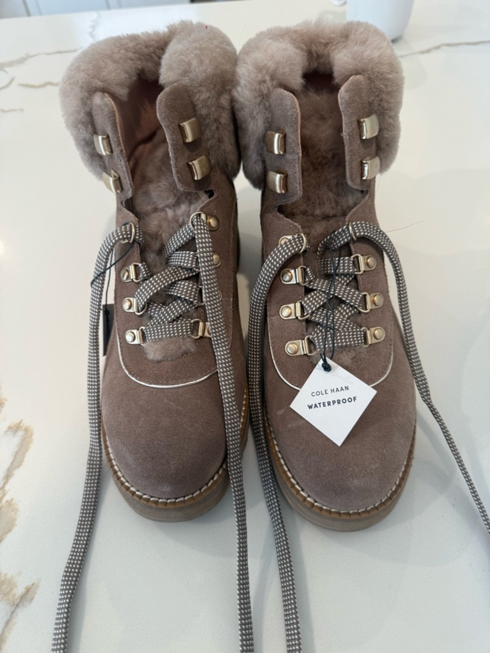Cole Haan Taupe Suede Shearling Lace-Up Waterproof Hiking Boots